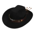 Black wool western cowboy hat with a brown leather band and silver bull head metal ornament - M (56-58cm) / Longhorn Tassel Wood Bead Style (120) / Black