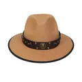 Cappello fedora etnico kaki con fascia in pelle marrone e fibbia decorativa a forma di toro - M (56-58cm) / Stile Concho Ferro di Cavallo (2HAT083) / Cammello