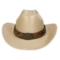 Beige western cowboy hat with a brown leather band and metallic bull skull ornament - M(56-58cm) / Straight Top / Champagne