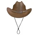 Brown western cowboy hat with ethnic braided band and adjustable chin strap - M (56-58cm) / Flat Top Coffee