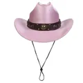 Cappello da cowboy rosa con paillettes luccicanti, cinturino in ecopelle marrone e borchie - M (56-58cm) / Corona Piatta / Rosa