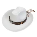 Classic white western cowboy hat with brown leather band and silver bull head emblem - M (56-58cm) / Longhorn Tassel Wood Bead Style (120) / White