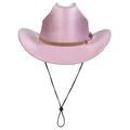 Pink glitter cowboy hat with brown faux leather band and adjustable wind rope - M (56-58cm) / Flat Top Pink