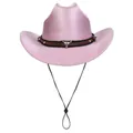 Pink glitter cowboy hat with silver bull head leather band and chin strap - M (56-58cm) / Flat Top Pink