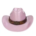 Pink pearlescent laser cowboy hat with vintage bull skull metal buckle and leather band - M(56-58cm) / Straight Top / Pink