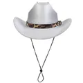 Western silver sequin fedora hat with leopard print band and adjustable chin strap - M (56-58cm) / Straight Line Top Style / Silver