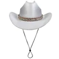 Silver sequin western cowboy hat with ethnic patterned band and adjustable chin strap - M (56-58cm) / Flat Top Silver White