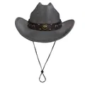 Cappello da cowboy grigio retrò con fascia in pelle borchiata marrone e cinturino sottogola - M (56-58cm) / Corona Piatta / grigio scuro