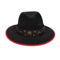 Cappello fedora nero con tesa rossa e fascia in pelle vintage con testa di toro - M (56-58cm) / Stile Concho Ferro di Cavallo (2HAT083) / Nero