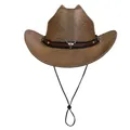 Brown western cowboy hat with silver bull head accessory and adjustable chin strap - M (56-58cm) / Flat Top Coffee