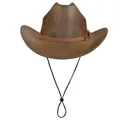 Classic dark brown western fedora hat with ripple texture and adjustable chin strap - M (56-58cm) / Flat Top Coffee
