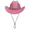 Pink glitter cowboy hat with ethnic braided band and adjustable chin strap - M (56-58cm) / Flat Top Rose Red