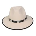Cappello fedora in lana beige con fascia in pelle nera e dettagli in metallo con toro - M (56-58cm) / Stile Concho in Rilievo (2HAT084) / Beige