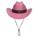 Cappello da cowboy rosa glitterato con fascia in pelle borchiata e sottogola - M (56-58cm) / Corona Piatta / Rosa Rosso