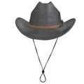 Dark grey fedora with herringbone texture, brown leather band, and adjustable wind rope - M (56-58cm) / Flat Top Dark Gray