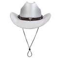 Silver western cowboy hat with bull head ornament and adjustable wind string - M (56-58cm) / Flat Top Silver White