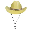 Glitter neon green cowboy hat with ethnic style woven band and adjustable chin strap - M (56-58cm) / Straight Crown Yellow