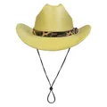 Bright yellow felt fedora hat with leopard print band and black chin strap - M (56-58cm) / Straight Line Top Style / Yellow