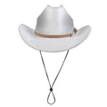 Western style silver glitter cowboy hat with brown leather band and adjustable wind rope - M (56-58cm) / Flat Top Silver White