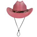 Fashionable dark magenta cowboy hat with leopard print band and adjustable chin strap - M (56-58cm) / Straight Line Top Style / Watermelon Red