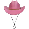 Pink glitter cowboy hat with brown faux leather band and adjustable black wind rope - M (56-58cm) / Flat Top Rose Red