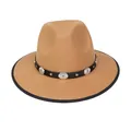 Cappello in feltro cammello a tesa larga con borchie argentate e fascia in cuoio - M (56-58cm) / Stile Concho in Rilievo (2HAT084) / Cammello