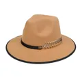 Cappello fedora cammello a tesa larga con fascia nera e decorazione foglia oro - M (56-58cm) / Stile Foglia di Metallo (2HAT085) / Cammello