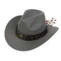Gray felt western cowboy hat with studded leather band and decorative wood bead tassel - Retro Horseshoe Badge Band (161-G)