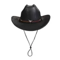 Klassischer schwarzer Western-Cowboyhut mit Lederstruktur, Metall-Stierkopf und Kinnband - Stierkopf-Dekor Mit Nieten / 395 Flache Krone - Schwarz