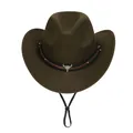 Détail d'un chapeau de cowboy en laine vert olive avec boucle tête de taureau et cordon - M (56-58cm) / Vert Militaire