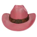Ethnic western cowboy hat in red laser pearl finish with leather cow skull band - M(56-58cm) / Straight Top / Watermelon red