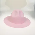 Detail shot of a pink wool felt fedora showing the wide brim and reinforced stitching - 56-58cm / Pink