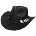 Dettaglio di cappello cowboy nero in ecopelle con perline e decorazioni floreali - Stile con Perle e Fiori (384) / Nero