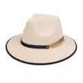 Cappello fedora beige con bordo nero, nastro e decorazione a foglia dorata - M (56-58cm) / Stile Foglia di Metallo (2HAT085) / Beige