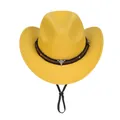 Détail du chapeau de cowboy en laine jaune avec tête de taureau en argent et lanière - M (56-58cm) / Jaune