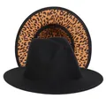 Cappello fedora nero classico con elegante fodera leopardata sulla tesa larga interna - Taglia unica(56-58cm) / Nero (233-D)