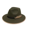 Cappello Fedora etnico in lana verde oliva scuro con dettaglio foglia dorata - M (56-58cm) / Stile Foglia di Metallo (2HAT085) / Verde Militare