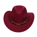 Western wine red felt cowboy hat with wide brim, brown band and feather accessory - M (56-58cm) / Feather Badge Beaded Braided Band Style / Burgundy