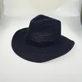 Navy blue woven fedora hat with breathable crochet pattern and wide brim for sun protection - 56-58cm / Navy Blue