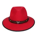 Cappello fedora in lana rossa con cinturino in pelle e teschio di toro in metallo - M (56-58cm) / Stile Intrecciato Testa di Bue Western (2HAT086) / Rosso