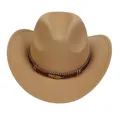 Khaki Western cowboy hat with braided beaded band and golden feather buckle detail - M (56-58cm) / Feather Badge Beaded Braided Band Style / Camel