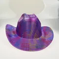 Close-up of a purple cowboy hat featuring metallic rainbow stripes and wide curved brim - 21A Dark Purple