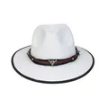 Cappello jazz bianco in feltro con cinturino in pelle marrone e decoro testa di toro argento - M (56-58cm) / Stile Intrecciato Testa di Bue Western (2HAT086) / Bianco