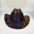 Detail view of rainbow striped cowboy hat with metallic finish and curved brim - 21B Dark Grid