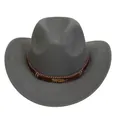 Dark grey felt cowboy hat with brown band and golden feather metal accent - M (56-58cm) / Feather Badge Beaded Braided Band Style / Gray