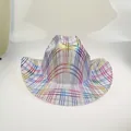 Top down view of white cowboy party hat with colorful rainbow metallic grid patterns - 21D Light Color