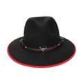 Cappello jazz in lana nera con bordo rosso e cinturino in pelle con testa di toro - M (56-58cm) / Stile Intrecciato Testa di Bue Western (2HAT086) / Nero