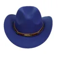 Royal blue western cowboy hat with brown leather band and gold feather accent - M (56-58cm) / Feather Badge Beaded Braided Band Style / Sapphire Blue