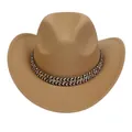 Khaki British style cowboy hat with ethnic woven band and upturned brim for men and women - M (56-58cm) / Ethnic Braided Band Style / Camel