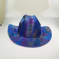 Close-up of blue cowboy hat with colorful holographic grid pattern for party costumes - 21E Blue